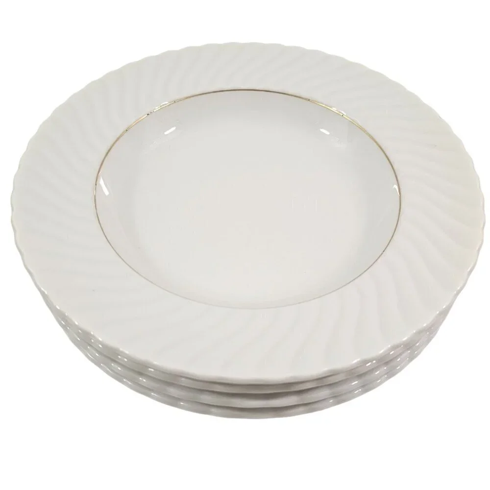 Schonwald Germany White Swirl Rimmed 9” Porcelain Salad Soup Bowls – Set of 4